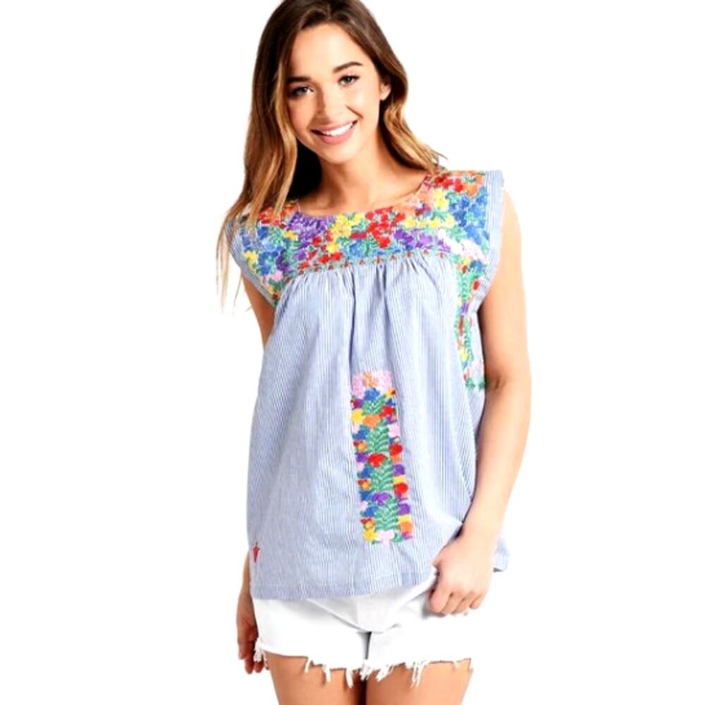 J MARIE Anna Maria Floral Embroidered Blue Stripe Tunic Top Medium Sleeveless